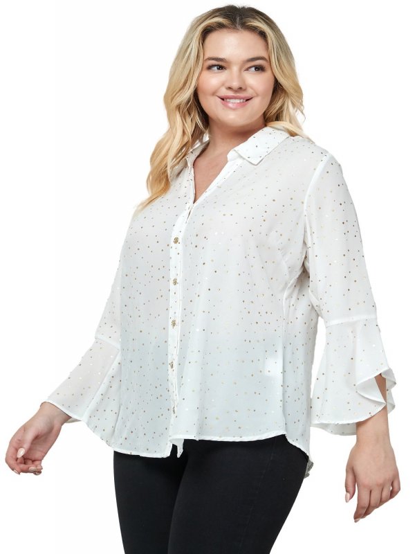 3/4 Length Ruffle Sleeve Button Front Blouse