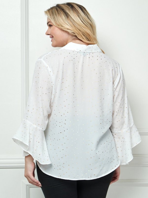 3/4 Length Ruffle Sleeve Button Front Blouse