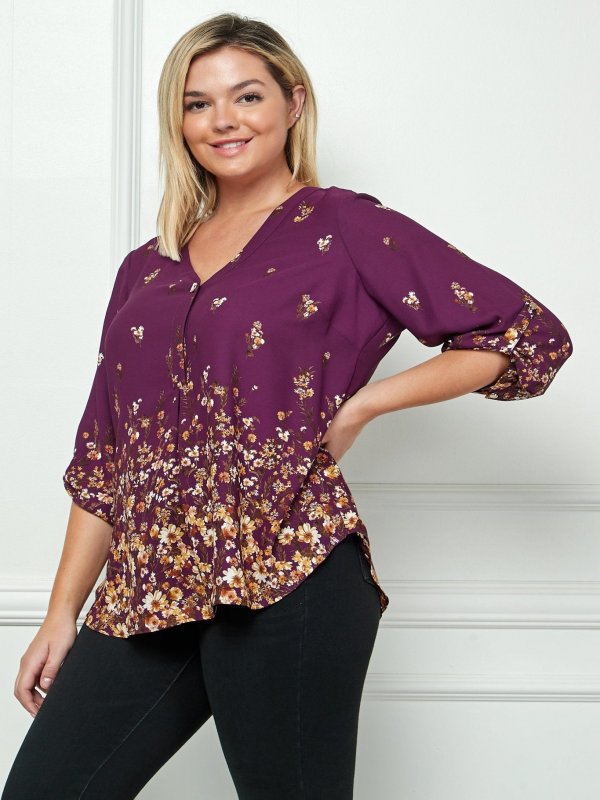 Plum 3/4 Button Tab Sleeve V Neck Popover