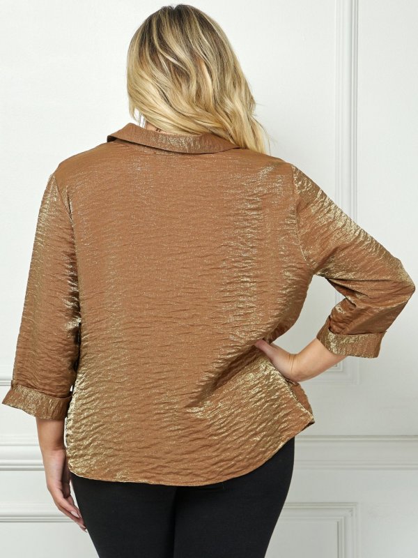 Cognac 3/4 Length Notch Sleeve Johnny Collar Button-Front Top