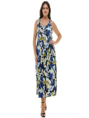 Navy Floral Sleeveless Midi Dress
