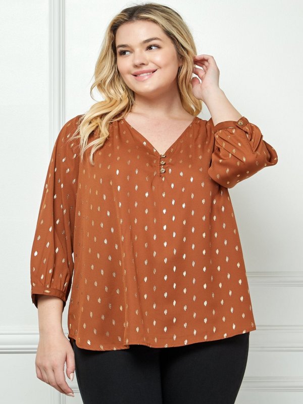 Cognac 3/4 Button Cuff Sleeve V-Neck Popover