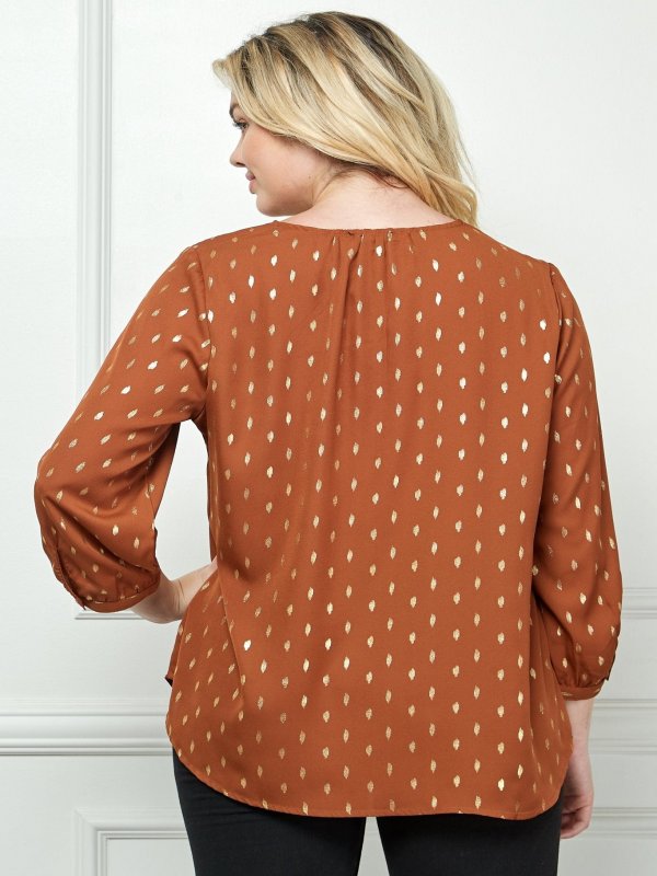 Cognac 3/4 Button Cuff Sleeve V-Neck Popover