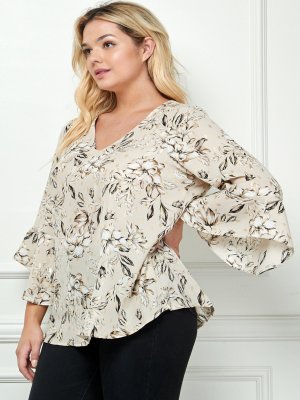 3/4 Ruffle Sleeve V Neck Blouse
