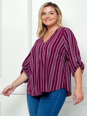 Plum & Cream 3/4 Button Tab Sleeve V Neck Popover