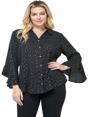 3/4 Length Ruffle Sleeve Button Front Blouse