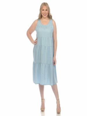 Sleeveless Tiered Chambray Midi Dress