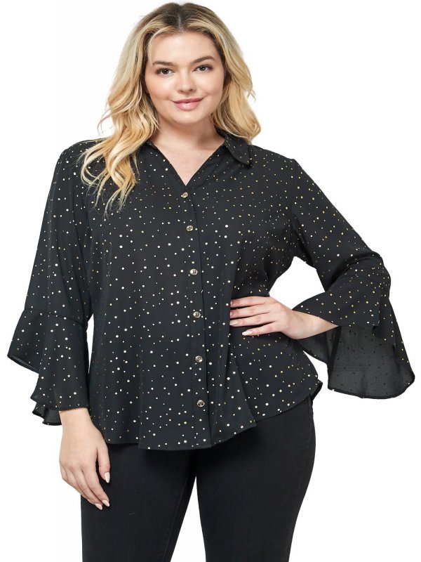 3/4 Length Ruffle Sleeve Button Front Blouse