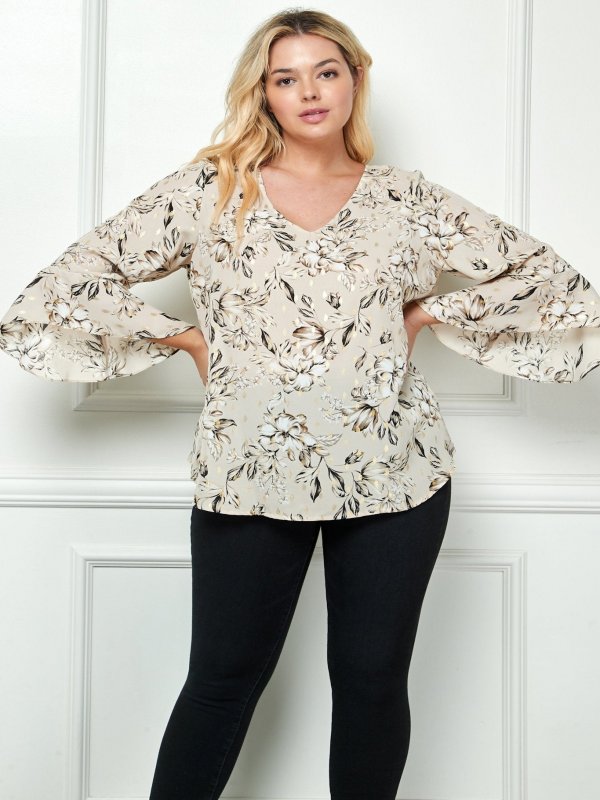 3/4 Ruffle Sleeve V Neck Blouse