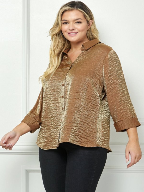 Cognac 3/4 Length Notch Sleeve Johnny Collar Button-Front Top