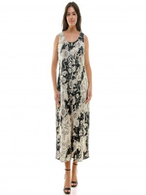 Black & Ivory Floral Sleeveless Midi Dress