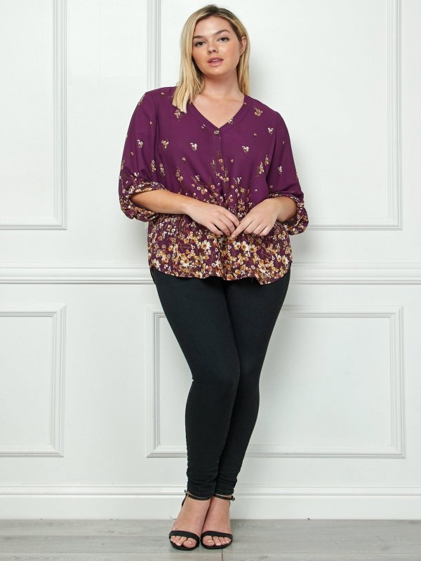 Plum 3/4 Button Tab Sleeve V Neck Popover