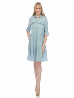 Long Sleeve Tiered Midi Shirt Dress