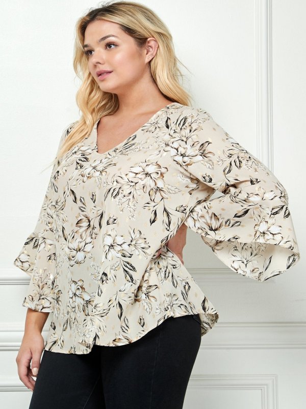 3/4 Ruffle Sleeve V Neck Blouse