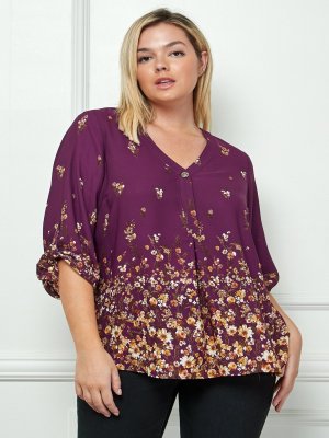 Plum 3/4 Button Tab Sleeve V Neck Popover