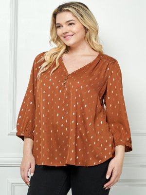 Cognac 3/4 Button Cuff Sleeve V-Neck Popover