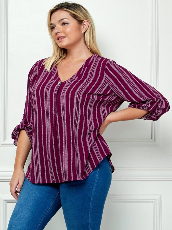 Plum & Cream 3/4 Button Tab Sleeve V Neck Popover