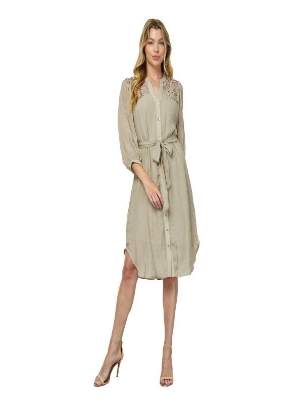 Button Front Yoke Neck Dress With Lace Shoulders