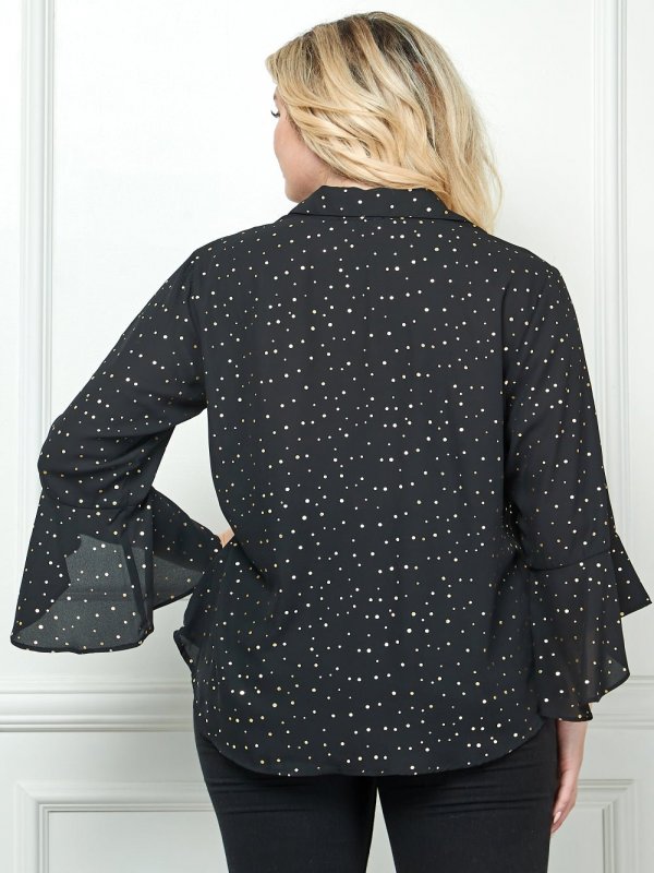 3/4 Length Ruffle Sleeve Button Front Blouse